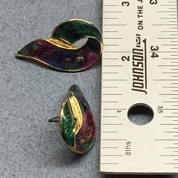 Swirled Teardrop Pierced Earrings 1.25 In Blue Green Purple Enamel Gold Retro - Picture 6 of 6